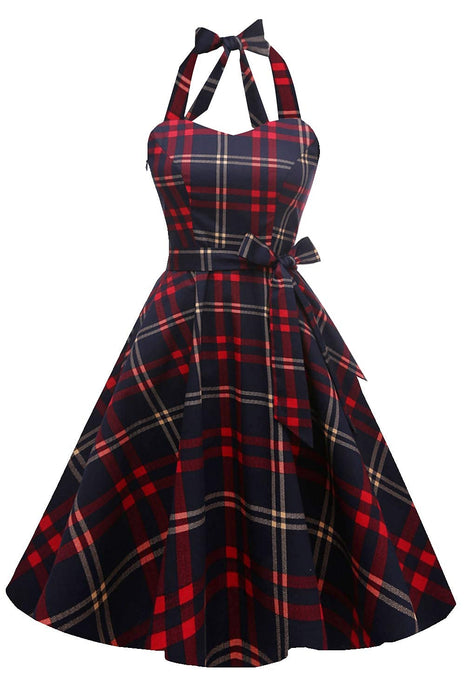 Topdress Women's Vintage Polka Audrey Dress 1950s Halter Retro Cocktail Dress Red Plaid 3XL