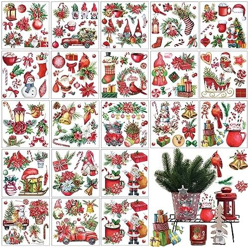 Honoson 20 Sheets Christmas Rub on Transfers for Crafts and Furniture Vintage Christmas Rub on Transfer Sticker Red Santa Claus Cardinal Xmas Decal for Paper DIY Home Decor, 5.9x5.9inch (Classic)