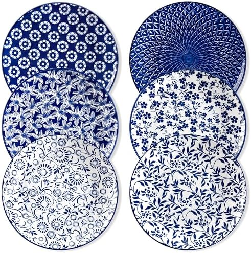 vancasso Ceramic Dinner Plates Set of 6, Large Vintage Plates 10.25 Inch Set of 6 for Kitchen, Porcelain Blue and White Plates for Kitchen, Microwave Oven Dishwasher Safe, Vintage Gift, Blue