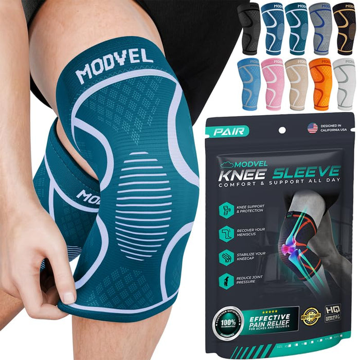 Modvel 2 Pack Knee Brace for Women & Men - Workout Knees Compression Sleeve for Knee Pain Relief Joint Support for ACL, Arthritis, Meniscus Tear Knees Brace for Sports, Rodilleras para Gym Fitness