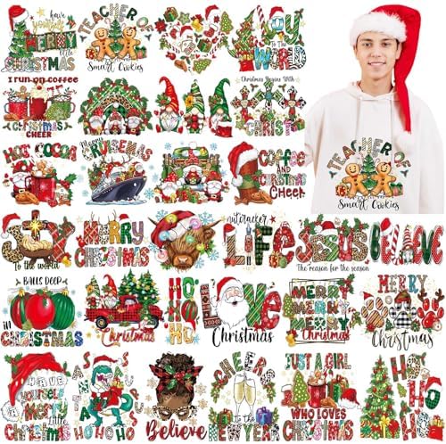 30 Pcs Merry Christmas Iron on Transfers Gingerbread Santa Iron on Decals Patches Heat Transfers Vinyl Xmas Truck Cute Heat Decals for Clothes Bag Covers DIY Decorations