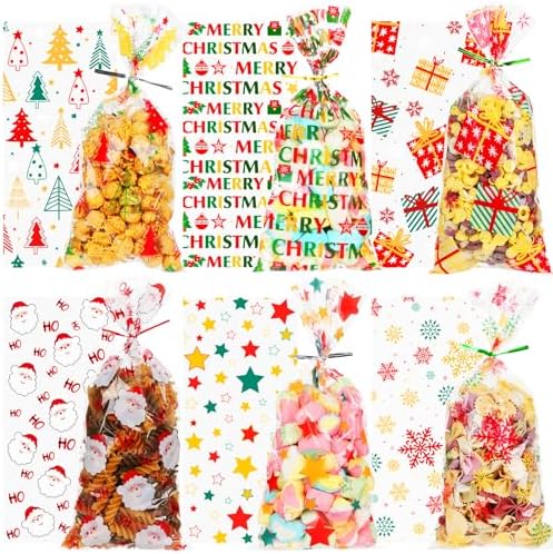 PPRAFDD 180 PCS 5"x11" Christmas Cellophane Treat Bags with Colorful Twist Ties 6 Styles Clear Xmas Candy Cookie Goodie Cello Gift Bags for Winter Christmas Theme Party Favors