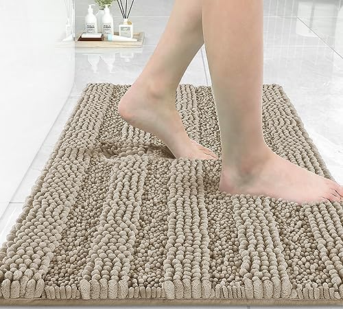 Yimobra Bathroom Rug Mat 24 x 17, Non Slip and Super Absorbent Bath Mat,Machine Washable Quick Dry,Ultra Plush Chenille Shower Rugs for Bathroom Floor Sink Tub and Shower Outside,Camel