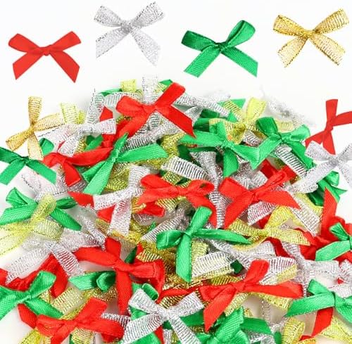 50Pcs Christmas Mini Ribbon Bows for Crafts Gift Wrapping, Small Tiny Premade Bow Decorations for Girls Women Hair Party Treats Gift Bags Christmas Stocking, Ribbon Bow for New Year Thanksgiving