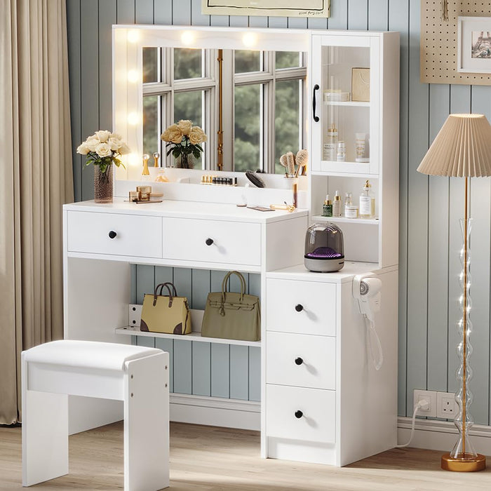 Makeup Vanity with Lights & Charging Station, White Vanity Table with 5 Drawers & Open Storage Shelves, Vanity Desk with Mirror & Lights, Dressing Table Set, Bedroom Makeup Table Set Black Handle