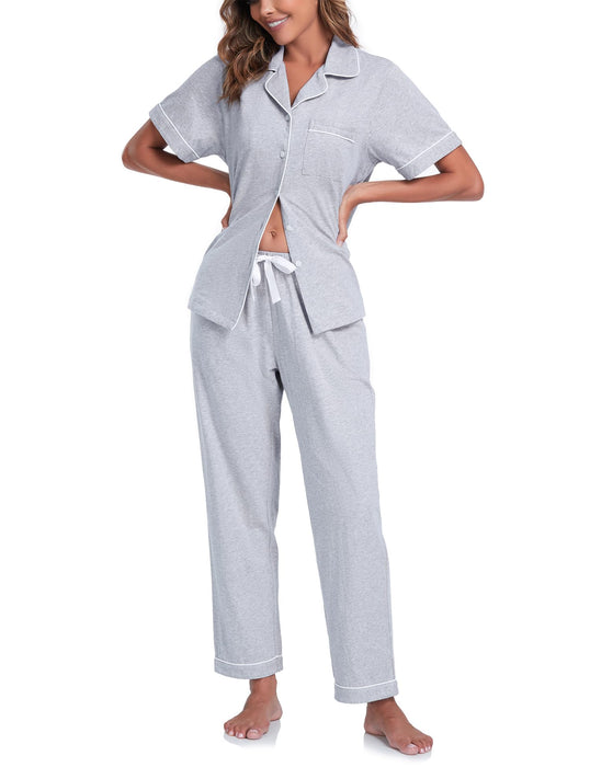 COLORFULLEAF Women's 100% Cotton Pajama Set Button Down Sleepwear Short Sleeve Shirt and Long Pants Soft ladies Lounge Sets(Grey, L)