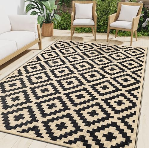 Smiry Waterproof Outdoor Rug 6x9 ft, Reversible Plastic Straw Patio Camping Rugs, Outdoor Indoor RV Mat Carpet for Patio, Outside Entry, Backyard, Deck, Bench, Picnic, Camper, Black & Beige