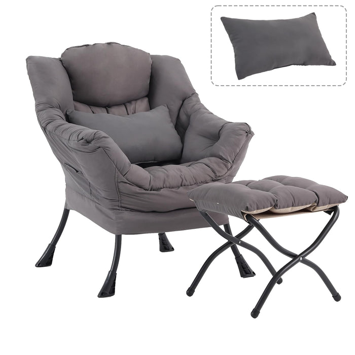 DreamNook Lazy Chair with Ottoman, Modern Accent Chair with Lumbar Pillow, Comfy Chairs with Folding Footrest for Bedroom, Reading, Oversized Supportive Lounge Chairs(Dark Grey)