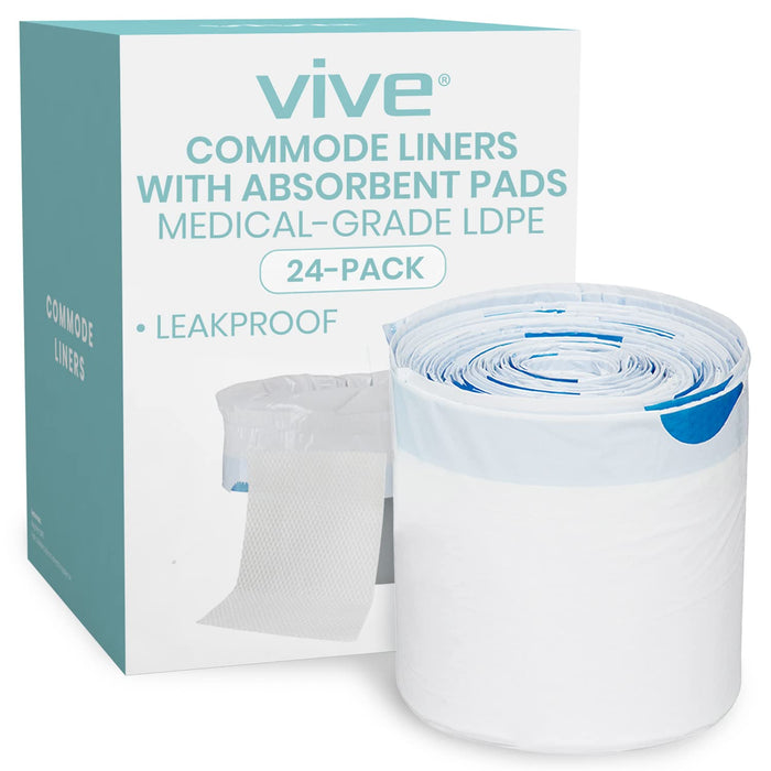 Vive Commode Liners with Absorbent Pads - Portable Toilet Bedside Chair Replacement Bags - Disposable Porta Potty Liners for Bariatric Standard Arm 3 in 1 Folding Buckets - Leakproof (24 Pack)