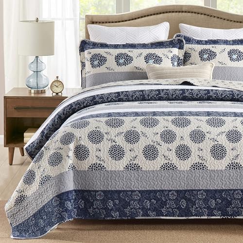Homzard Quilt King Size-Comforter King Quilt Bedding Set,Navy Blue Beige Grey All Cotton Quilted Bedspread,Striped Floral Pattern Bedding Set,Lightweight Reversible 3 Piece,All Seasons