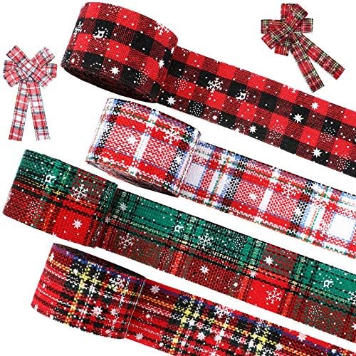 Willbond 4 Rolls Christmas Plaid Ribbon 24 Yards Snowflake Ribbon Red and Green Plaid Burlap Xmas Decorative Wrapping for Holiday Crafts DIY Wreath Bow Xmas Tree Bow Gift Decor(1.6 Inch)