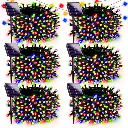 6 Pack Solar Christmas Lights Outdoor, 600 LED 198 FT Solar Powered String Lights Waterproof with Green Wire 8 Lighting Modes, Twikle Light for Xmas Tree Fence Party Yard Garden Decor, Multicolored