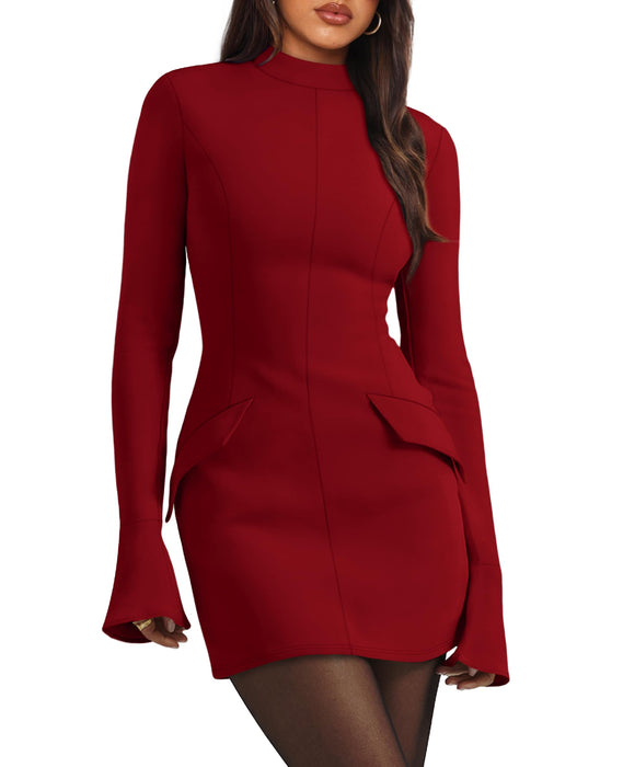 OFEEFAN Red Mini Long Sleeve Mock Neck Dress Christmas Party Dress M