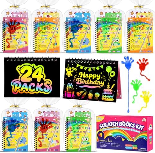 JMMICO 24 Pack Scratch Art Notebook+ Sticky Hands+ Stickers, Scratch Art Party Favors, Birthday Bulk Toys, Goodie Bags Stuffers, Christmas Crafts, Stocking Stuffers for Kids, Classroom Prizes Supplies