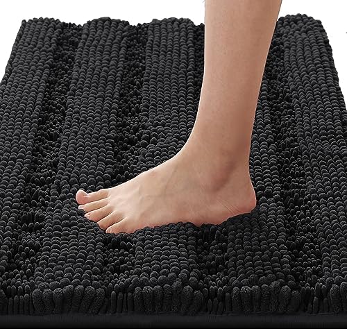 H.VERSAILTEX Bath Rugs for Bathroom Non Slip Bath Mats Extra Thick Chenille Striped Rug 20" x 32" Absorbent Non Skid Fluffy Soft Shaggy Washable Dry Fast Plush Mat for Indoor, Bath Room, Tub - Black