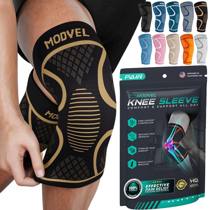 Modvel 2 Pack Knee Brace for Women & Men - Workout Knees Compression Sleeve for Knee Pain Relief Joint Support for ACL, Arthritis, Meniscus Tear Knees Brace for Sports, Rodilleras para Gym Fitness