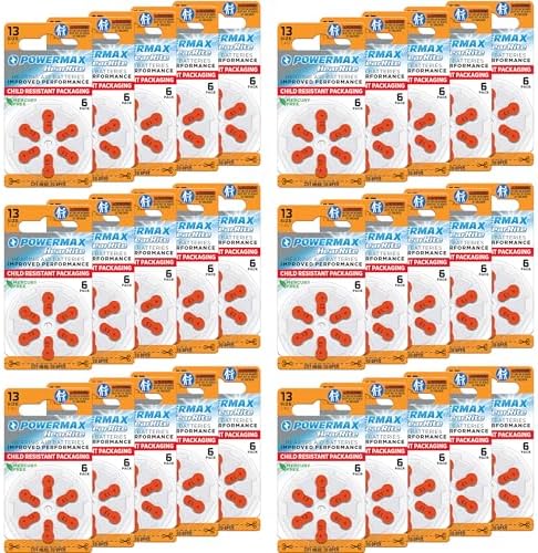 Powermax Size 13 Hearing Aid Batteries, 180 Count Long-Lasting Battery Pack, Orange Long Tab for Easy Change