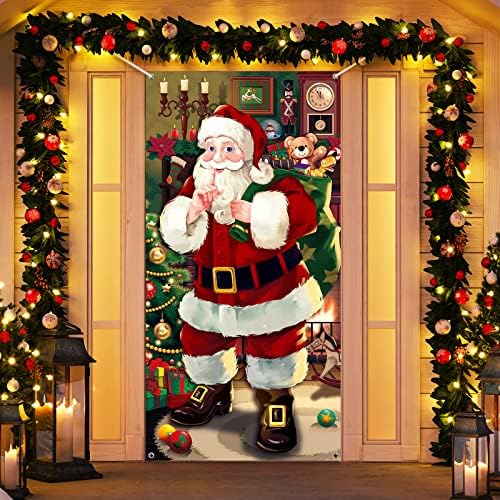 Christmas Door Cover Decoration Santa Claus Front Door Cover Xmas Hanging Banner Santa Background for Home Holiday Christmas Decoration