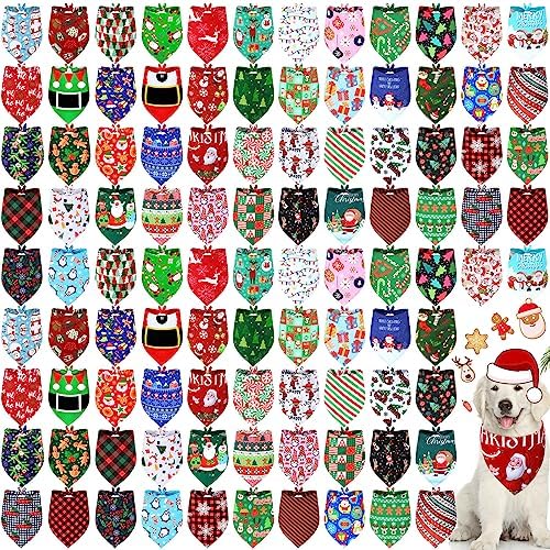 Newwiee 100 Pieces Christmas Dog Bandanas Bulk for Dogs Holiday Triangle Bibs Scarf Xmas Soft Breathable Large Dog Christmas Santa Scarf Accessories for Dog Pet Puppy Cat