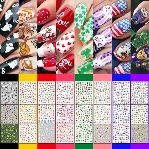 30 Sheets 8 Holiday Nail Art Stickers, Variety Pack All Season Nail Decals for All Year, Self-Adhesive Pegatinas Uñas 4th of July Halloween Fall Christmas Valentine St. Patrick's