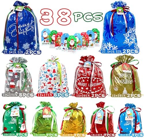 Diamerd 38PC Christmas Gift Bags with Tags & Ribbon Ties, Assorted Sizes for Xmas Holiday Present Wrapping & Festival Party Supplies-Small/Medium/Large