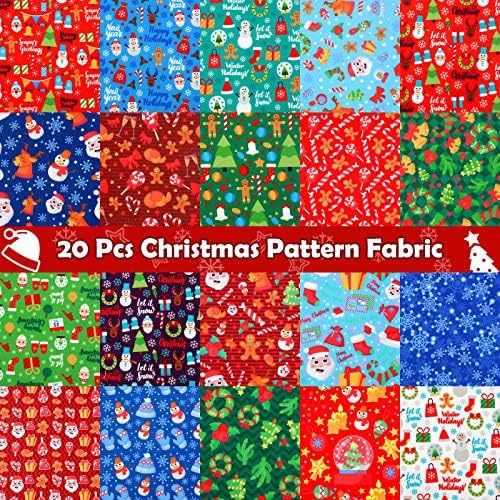 20 Pieces Christmas Fabric Fat Quarters Christmas Fabric Bundles 10 x 10 Inch Precut Squares Xmas Tree Snowflake Printed Scraps for Dress Apron DIY Crafts, Multi-Color