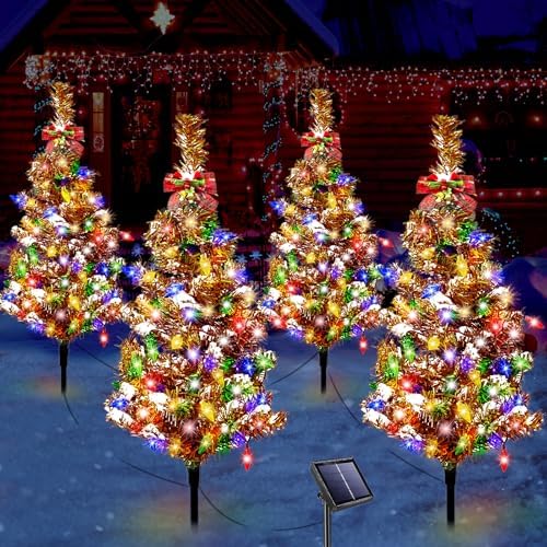 4 PCS Solar Christmas Tree, Outdoor Christmas Decorations, Xmas Tree Solar Powered with 80 LED Multi-color Lights, Red Bow, for Holiday Yard Front Porch Pathway Graveyard Cemetery Garden Patio Decor