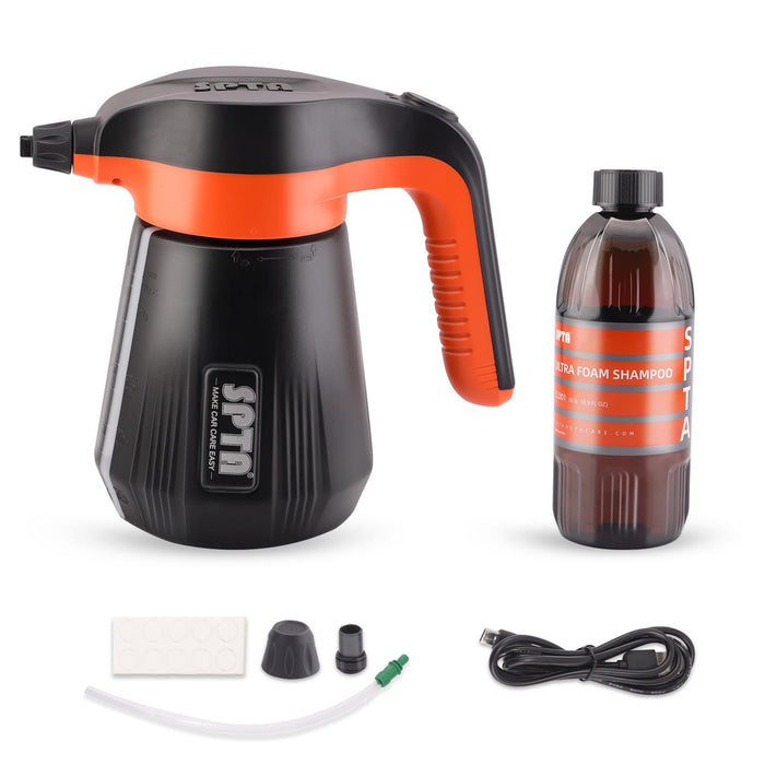 SPTA Electric Pressurized Soap Sprayer - 2.25L/76oz Cordless Car Foam Sprayer with 500ML Car Wash Shampoo for Detailing