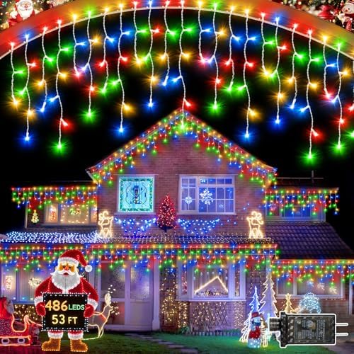 Christmas Lights Outdoor, 53 FT 486 LED Christmas Lights for Outside, Timer & Memory, Plug in 8 Modes Hanging Fairy Lights with 108 Drops for House Eaves Yard Patio Holidays Decorations, Multicolor