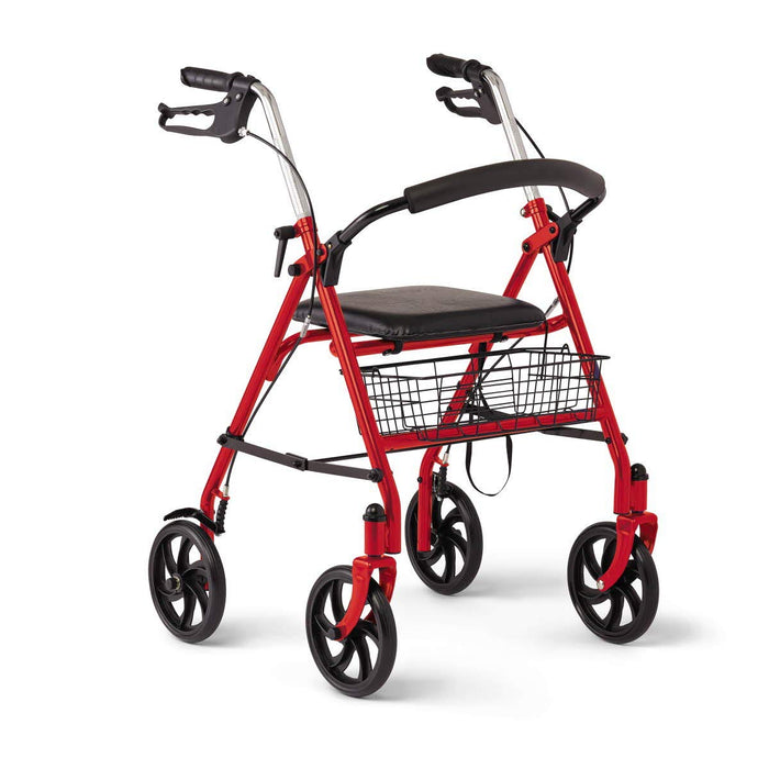Medline Steel Rollator Walker with Seat, Red, 300 lb. Weight Capacity, 8” Wheels, Foldable, Adjustable Handles, for Seniors, for Mobility Impairment