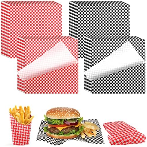 Tanlade 1000 Pcs Deli Paper Sheets 12 x 12 Inches Sandwich Paper Deli Basket Liner Wrap Food Basket Liners Wrapping Checkered Sheets for Bread and Sandwiches(Black, Red)