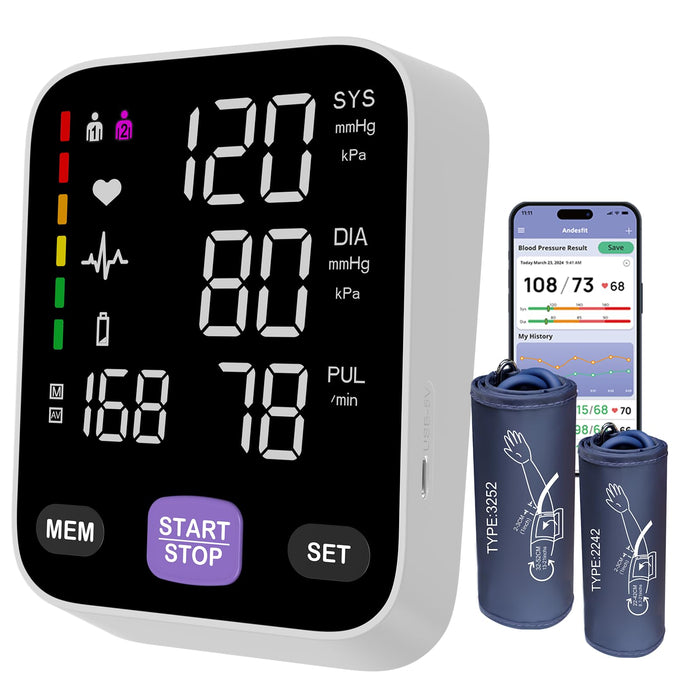 Bluetooth Blood Pressure Monitors for Home use Come with 17" Large and 21" Extra Large bp Cuff use 6 inches Color LED Screen Arm Type XL Blood Pressure Monitor Apple Health Free APP