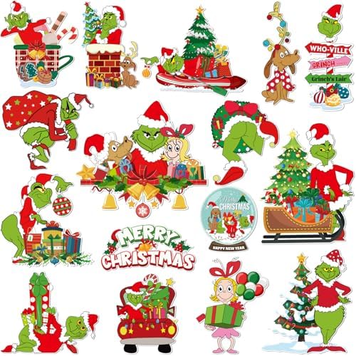 16Pcs Christmas Decoration Refrigerator Car Magnets, Grinches Reflective Merry Christmas Magnet Decals Red Green Funny Xmas Magnetic Stickers for Car Garage Door Fridge Mailbox Holiday Party Decor