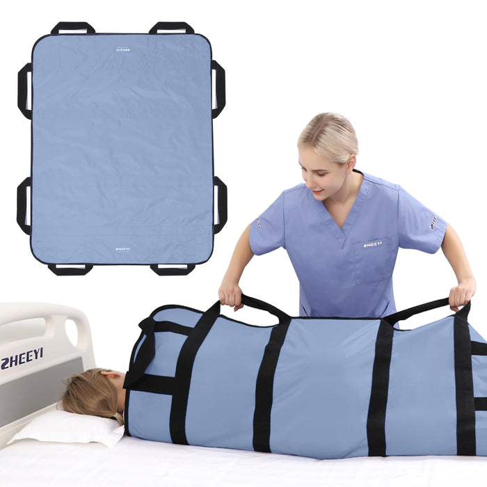 ZHEEYI Multipurpose 48" x 40" Positioning Bed Pad with Reinforced Handles - Reusable & Washable Transfer Sheet for Turning, Lifting & Repositioning - Double-Sided Nylon Fabric, Blue Gray