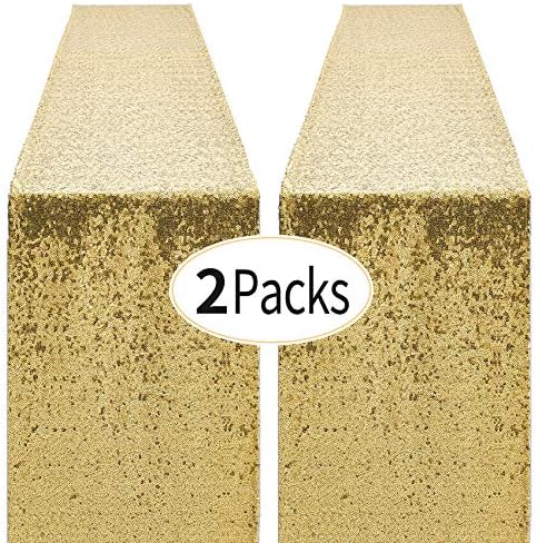 2 Packs 12 x 72 inches Gold Sequin Table Runner, Glitter Runner for Birthday Party Supplies Decorations Wedding Bachelorette Holiday Celebration Bridal Shower Baby Shower