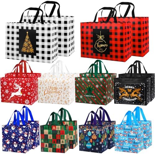 20pcs Christmas Gift Tote Bags, Xmas Treat Non-Woven Bag Reusable Large Medium Small Xmas Shopping Wrapping Bags for Christmas Holiday Party Favors Supplies