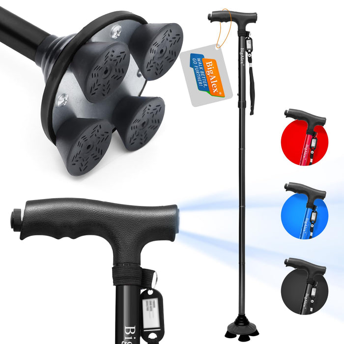 BigAlex Folding Walking Cane with LED Light,Pivoting Quad Base,Adjustable Walking Stick with Carrying Bag for Men/Women