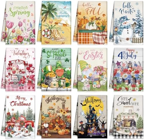 12 Pcs Seasonal Kitchen Towels Set for All Holidays Hand Dish Tea Towels Thanksgiving Christmas Absorbent Dishcloths Housewarming Gift for Cooking Kitchen Bathroom(Fresh Style)
