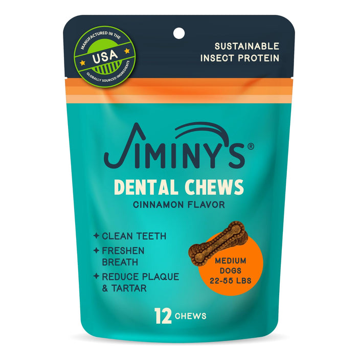 Jiminy's Dental Chews for Dogs, Cinnamon Flavor, Scientifically Proven to Improve Oral Health, Dental Bones Clean Teeth, Fight Bad Breath, and Removes Plaque and Tartar, Medium, 12ct (Pack of 1)