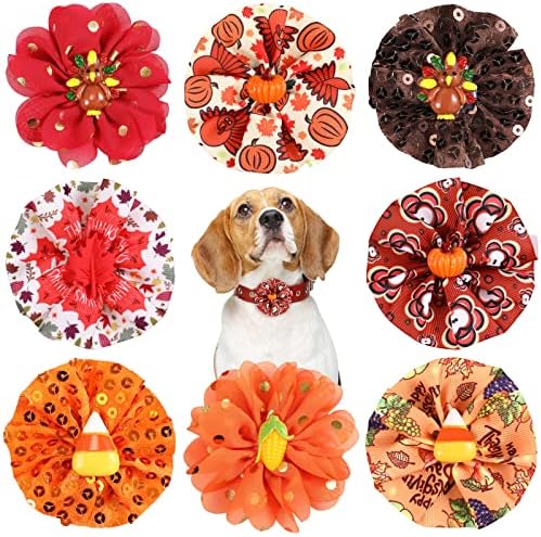 8 Pieces Dog Collar Embellishment Dog Bow Tie Collar Flower Attachment Bows Dog Collar Slide Charms for Thanksgiving Christmas Small Medium Dogs Cats Puppy Pet Grooming Accessory (Turkey Style)