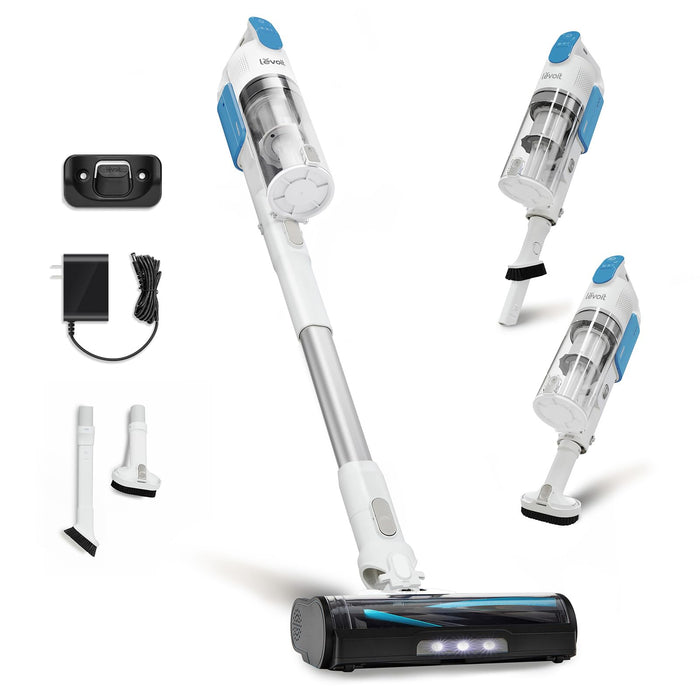 LEVOIT Cordless Stick Vacuum, Anti-Tangle, LED Headlights, Removable Battery, Self-Standing, Strong Suction, for Pet Hair, Hard Floor, Carpet, LVAC-200 White&Blue