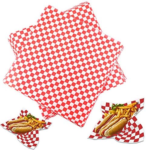 100 Sheets Checkered Dry Waxed Deli Paper Sheets, Paper Liners for Plastic Food Basket, Wrapping Bread and Sandwiches (Red)