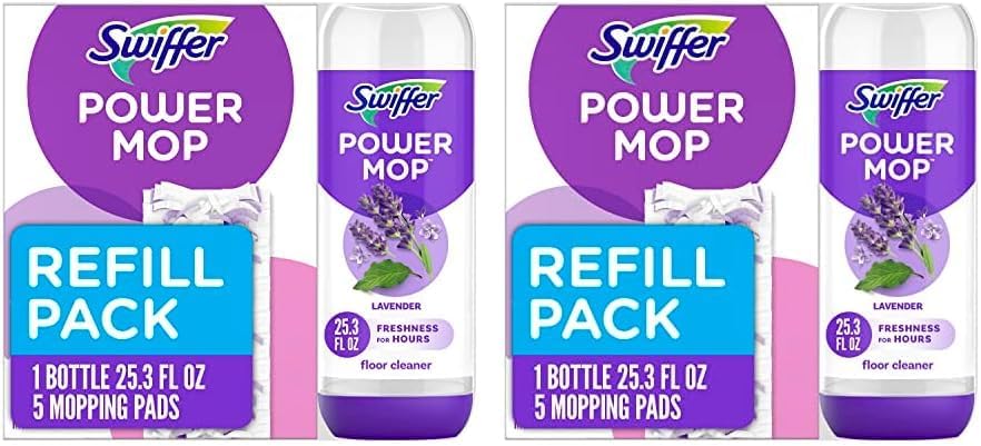 Swiffer PowerMop Multi-Surface Refill Pack for Floor Cleaning, Includes 5 Mopping Pad Refills, 1 Cleaning Solution with Lavender Scent (Pack of 2)