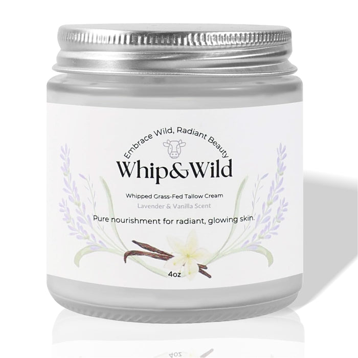 Whip & Wild Grass Fed Beef Tallow Cream for Face & Body – Whipped Moisturizer for Sensitive Skin, Dry Skin Relief – Organic, Non-Greasy, Lavender Vanilla Scent – 4oz