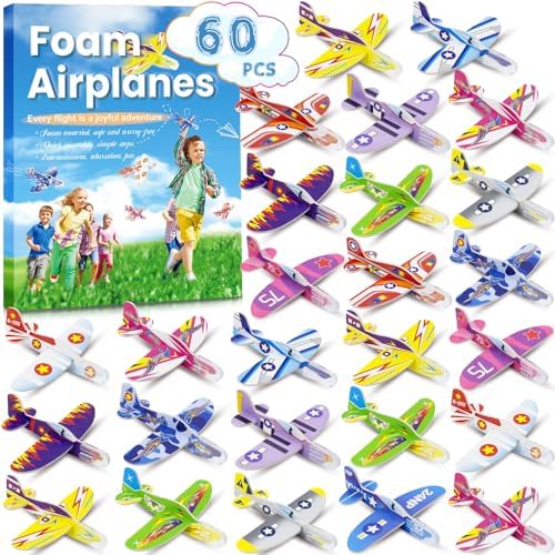 60 Pack Paper Airplanes for Kids Foam Plane Glider Planes Toys Bulk,Assorted ColorsEasy Throwing Paper Airplanes for Party Favors Birthday Classroom Christmas Carnival Prizes Presents