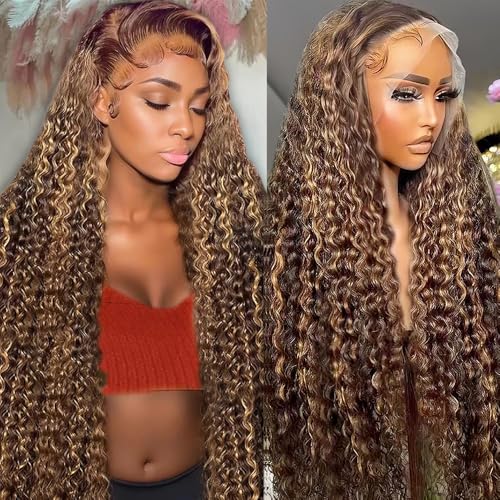 30 Inch Ombre Deep Wave Lace Front Wigs Human Hair Pre Plucked Highlight Honey Blonde Deep Curly Wig Human Hair 200% Density 4/27 Colored Glueless HD Lace Frontal Wigs for Women