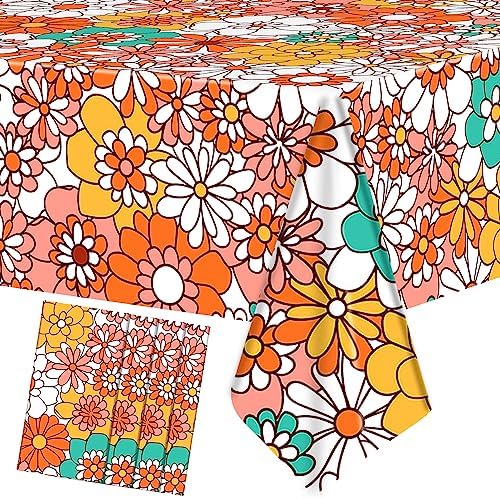 Augisteen 4 PCS Groovy Tablecloth Plastic Boho Daisy Table Covers Daisy Flower Tablecloth Hippie Retro Floral Disposable Tablecloths Waterproof for Birthday Party Decor Baby Shower, 54 x 108 Inch