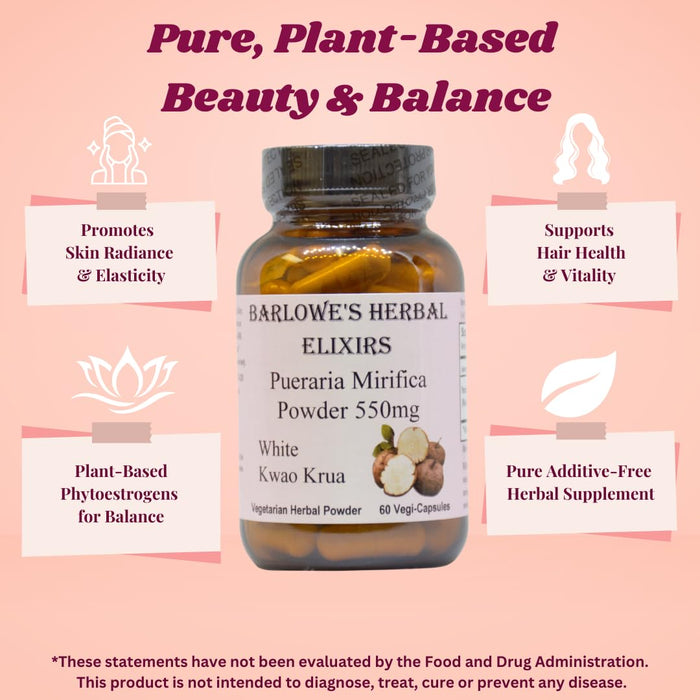Pueraria Mirifica | 550 mg Per Capsule | Promotes Natural Beauty, Skin Elasticity & Hair Health | 60 Veggie Capsules | Non-GMO | Stearate Free | Glass Bottle