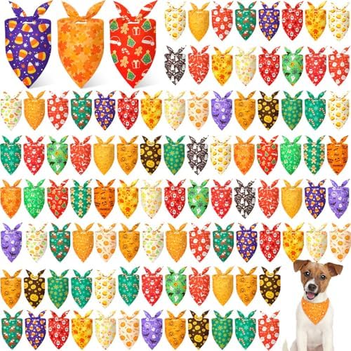 Preboun 100 Pcs Halloween Thanksgiving Christmas Dog Bandanas Bulk Holiday Bandana for Dogs Triangle Kerchief Bib Scarf for Pet Fall Party Costume Photo Props Accessories Pet Shops Groomers, 25 Styles
