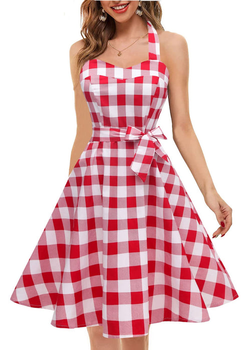 Topdress Women's Vintage Polka Audrey Dress 1950s Halter Retro Cocktail Dress Red White Plaid 2XL
